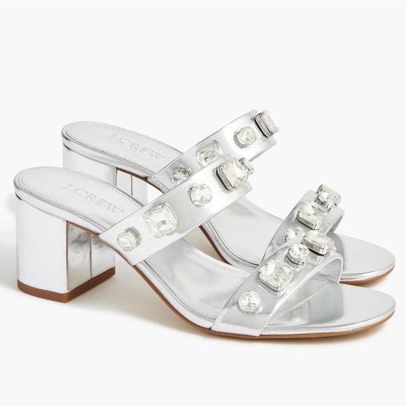 J. Crew Silver Jeweled Mule Sandals Embellished Cocktail Wedding Heels 9 - Picture 1 of 7